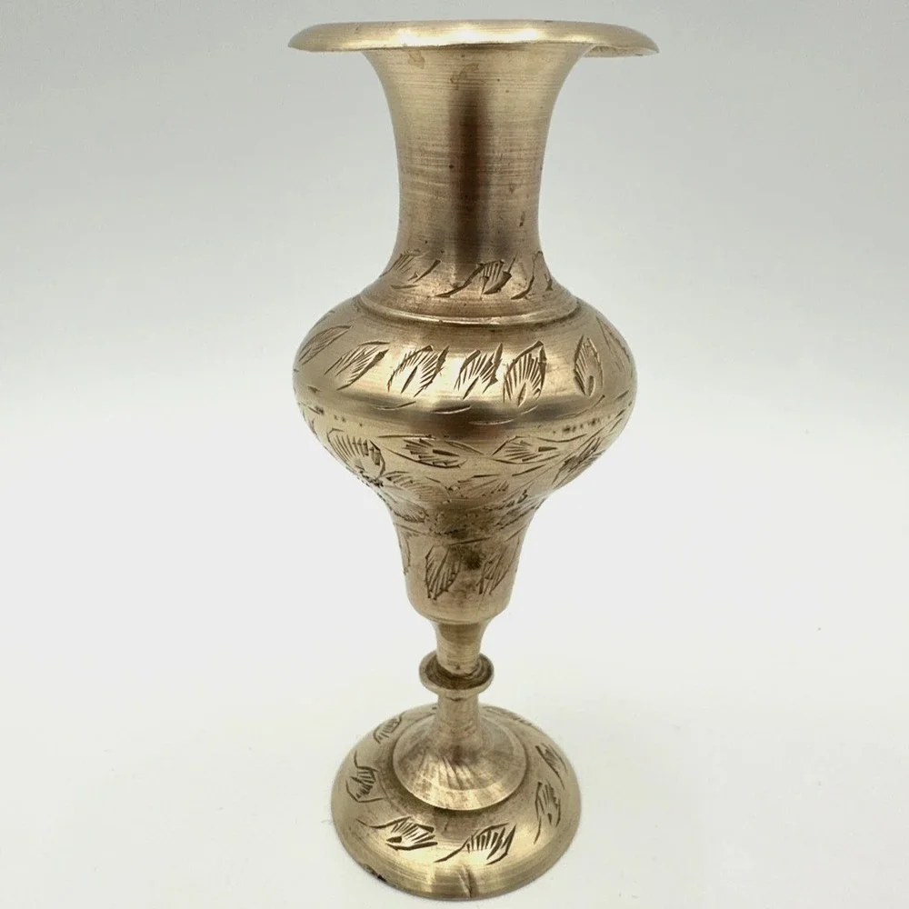Vintage Brass Bud Vase Pedestal Base Etched Floral Leaf Boho Accent Decor 5